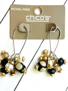 NEW NWT Chico's Black, Cream, Gold Beaded Cluster Wire Drop Earrings $19.95 Tag